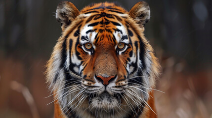 Fototapeta premium Angry tiger,Sumatran tiger, beautiful animal and his portrait. Amur tiger walking in river water. Danger animal, tajga, Russia. Animal in green forest stream. Grey stone. The Siberian tiger