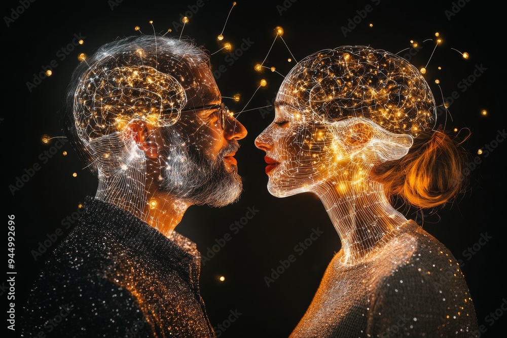 Poster couples’ minds aglow with golden neural pathways representing the unity and brilliance of shared ide