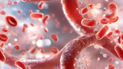 Abstract close-up of an artery filled with erythrocytes and DNA helices, merging microbiology and genetics in a scientific illustration