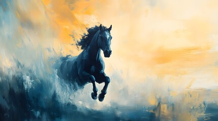 A galloping horse on an endless horizon, oil painting style, fluid brushwork, dynamic and expressive, deep blues and golds.