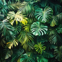 Lush Tropical Foliage with Intricate Leaf Patterns in Vibrant Green