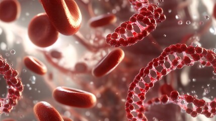 Abstract visual of red blood cells and DNA strands inside an artery, blending concepts of microbiology and genetic analysis