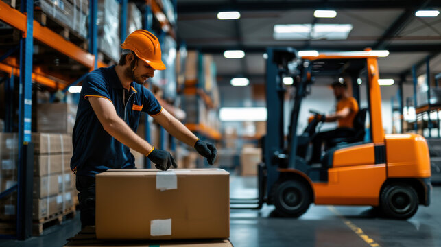 A warehouse worker handles packages while a forklift operates nearby, emphasizing efficient material handling and logistics in an industrial setting.