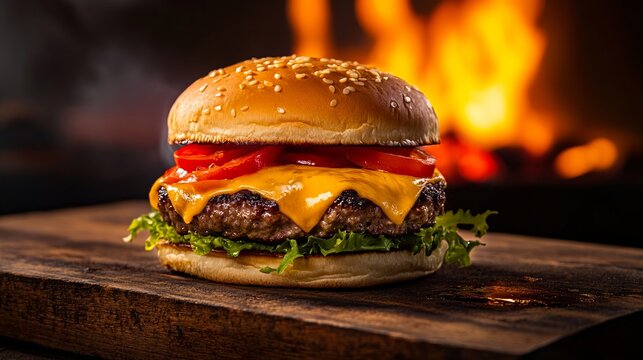 A cheeseburger on a wooden cutting board with a fire in the background