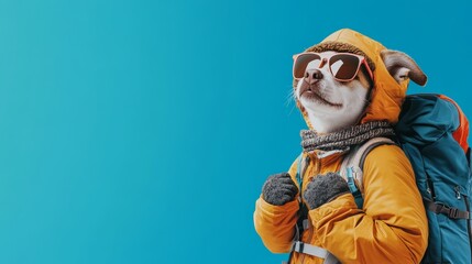Dog wearing sunglasses  jacket  and backpack on blue background