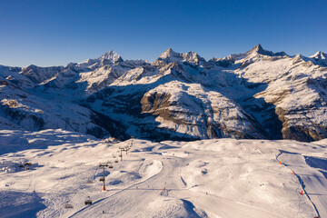 Zermatt, Switzerland: Aerial view of the Riffelalp part of the Zermatt ski resort slope with a...