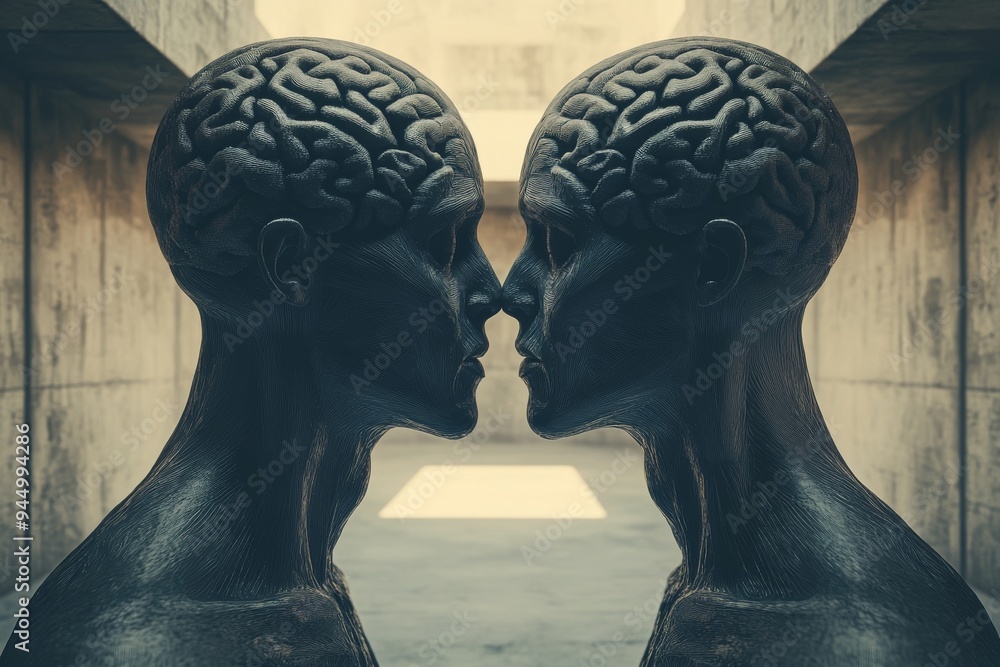 Poster dual profile of statuesque figures with illuminated brains reflecting the balance of thought and int