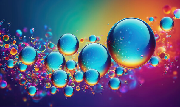 A close-up of colorful bubbles suspended in a liquid, creating a vibrant abstract background
