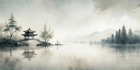 Serene Japanese ink wash painting featuring minimalist brushstrokes in muted colors with traditional techniques
