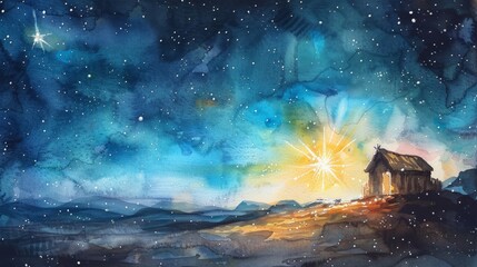 The joyful atmosphere of the Nativity, featuring a stable bathed in the warm light of a bright star against a starry background