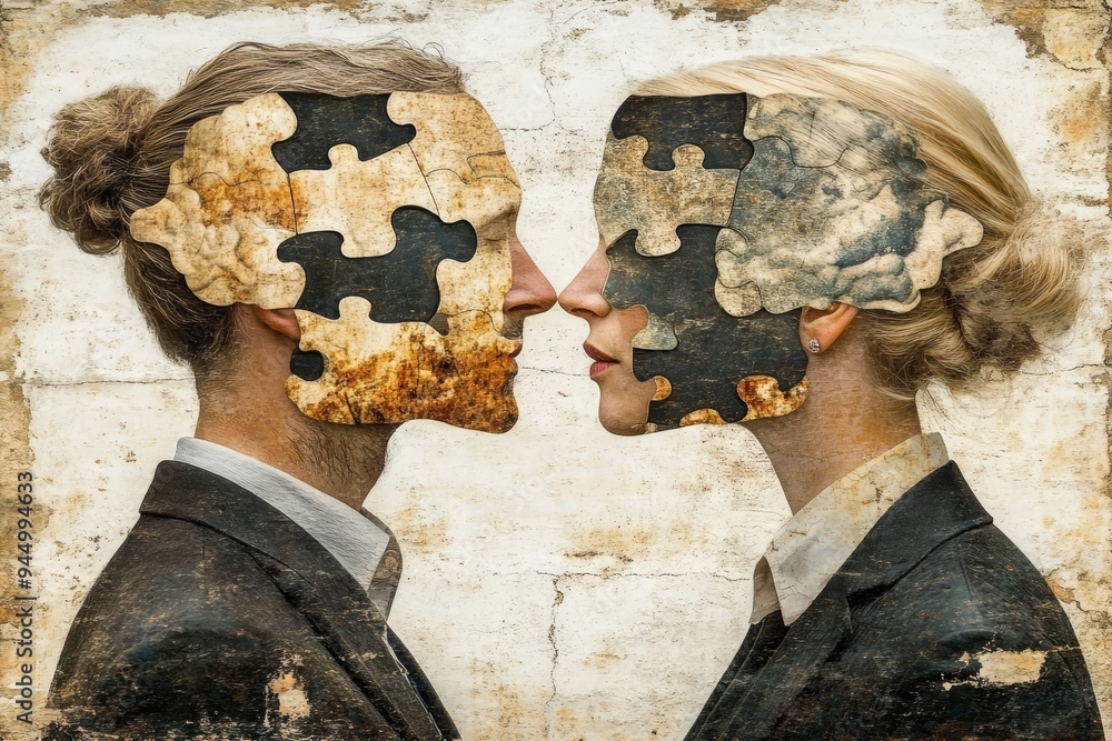 Aufkleber classical couple with puzzle piece brains representing the intricate complexity of mental and emotio