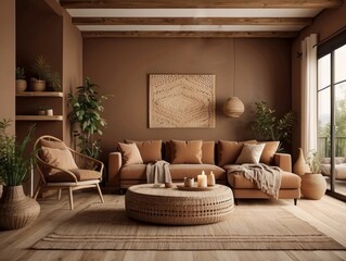 Cozy Living Room with Earthy Tones and Natural Textures