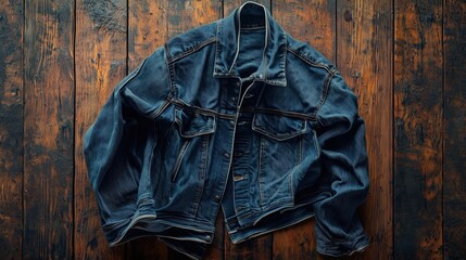 Crumpled Denim Jacket on Weathered Wood Backdrop