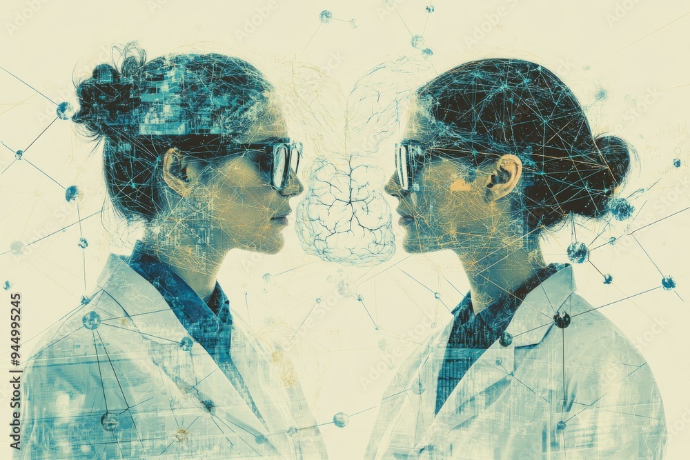 Aufkleber modern double exposure of a couple with neural connections emphasizing shared thoughts and ideas
