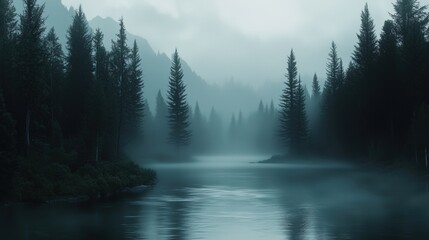 Fototapeta premium Misty Serene Forest Scene with Flowing Water Reflection