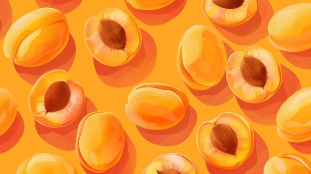 The bright orange background showcases vibrant apricot halves, evoking a cheerful and summery vibe ideal for culinary themes and graphic designs