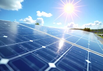 An array of blue solar panels on a sunny day
