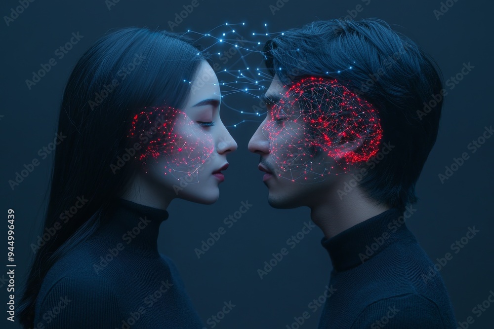 Poster intense exchange between a couple with neural patterns showcasing the deep emotional and intellectua