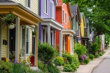 Obraz premium A delightful streetscape adorned with vibrant homes, each offering a distinct address that beckons wanderers to uncover the neighborhoods charm.