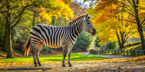 A majestic zebra strolling through the grounds of Burgers Zoo on a sunny autumn day
