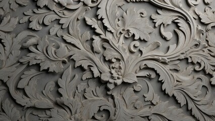 Intricate Floral Relief Carving on Grey Stone