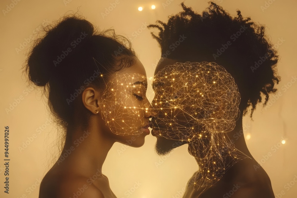 Poster intimate moment between a couple with golden neural patterns symbolizing a deep intellectual and emo