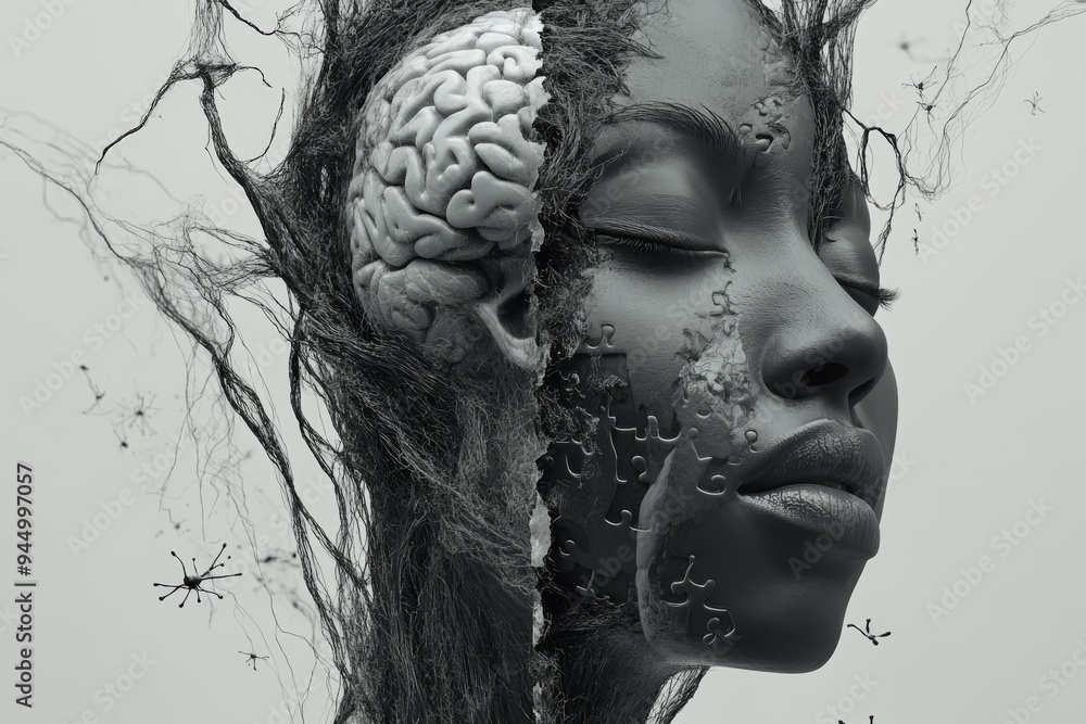 Aufkleber fragmented portrait of a woman with cracked brain patterns illustrating the complexity of thought an