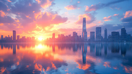 Renewable Energy Future: Solar Panels Gleaming in High-Tech City Skyline