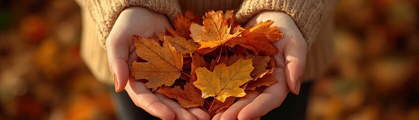 Hands holding vibrant autumn leaves, showcasing the beauty of fall foliage. Perfect for seasonal themes and nature-focused projects.