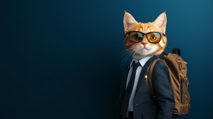 Smart Cat Wearing Glasses and Suit with Backpack