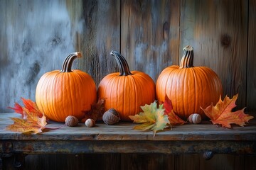 Three vibrant orange pumpkins surrounded by colorful autumn leaves and acorns on a rustic wooden surface in the fall season