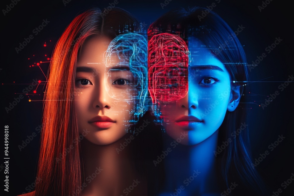 Poster x ray style profiles of two people with visible brain structures representing intellectual transpare