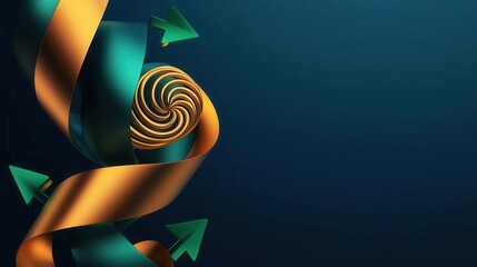 Abstract representation of a bullish market trend with golden spirals and green arrows, set against a deep blue digital background, Holographic, Digital Art