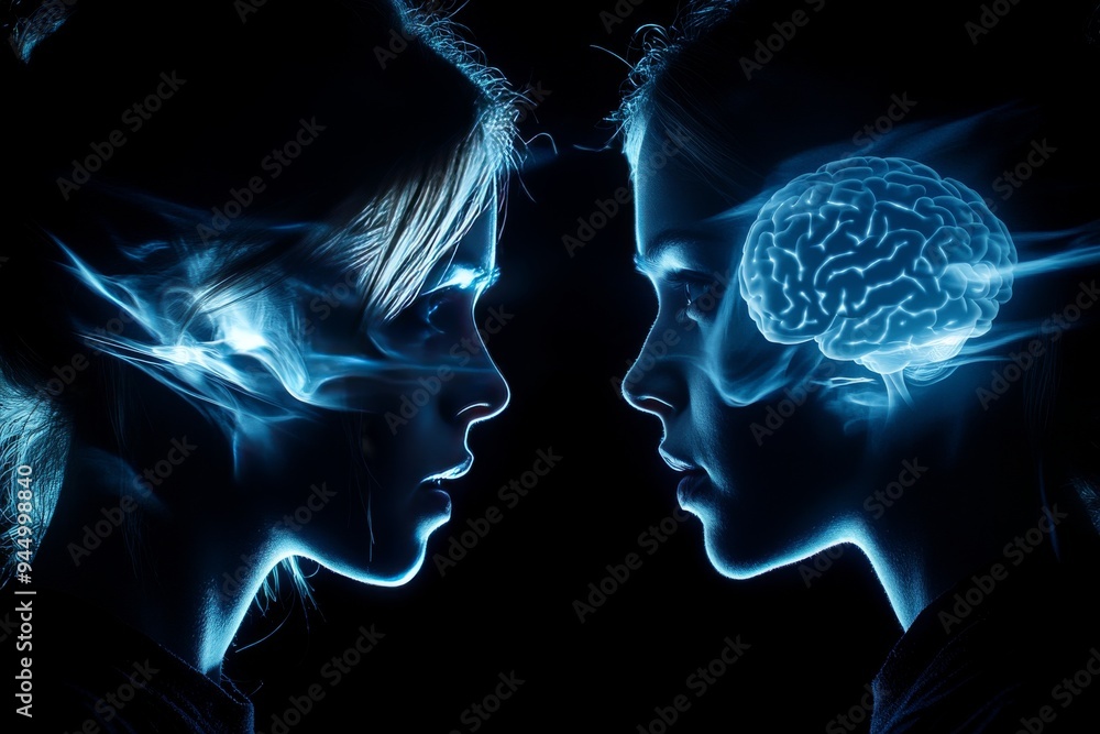 Aufkleber silhouetted profiles of a couple with glowing neural pathways representing a deep intellectual and e