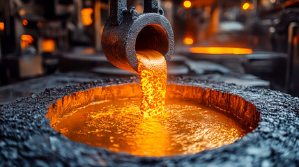 Industrial Process of Pouring Molten Steel into Molds at Foundry Facility - High-Temperature Steel Casting Operation
