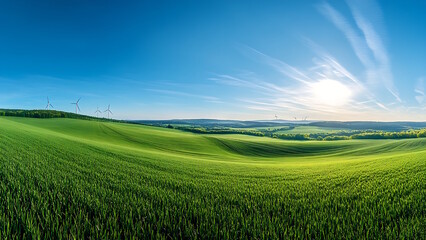 Fototapeta premium This is a wide shot of a green field with wind turbines in the distance under a bright blue sky.