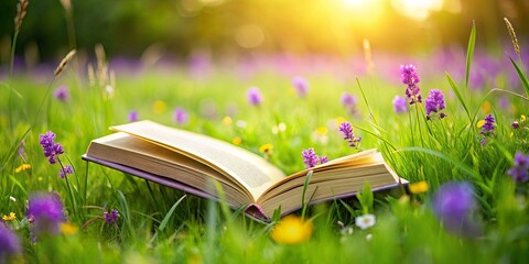 A peaceful book resting on a vibrant green field with purple flowers blooming around it