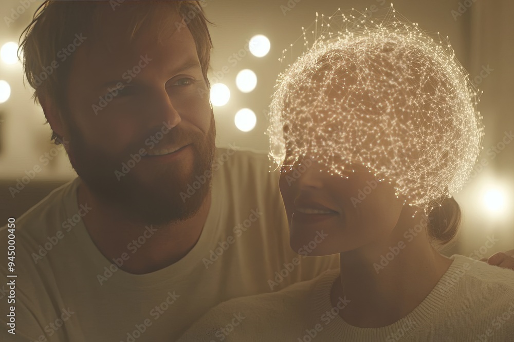 Poster a couple sharing an intimate moment with a glowing brain overlay symbolizing the deep emotional and 