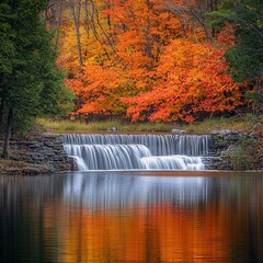 A peaceful autumn scene features brilliant hues of orange and red leaves softly falling onto a calm lake that mirrors the vivid colors.