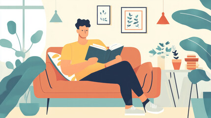 Flat design vector of a man on a cozy couch, reading a book, surrounded by a minimalist