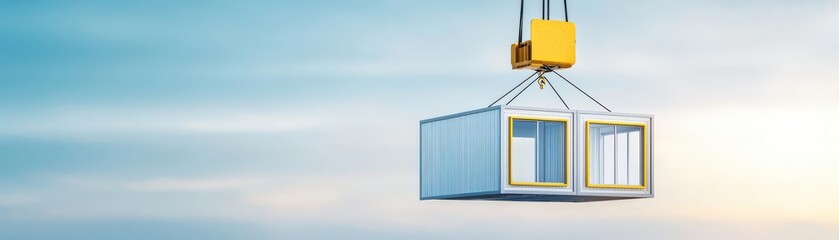 Suspended modular home lifted by crane, dynamic construction site, modern housing solution, precision and placement, urban development, clear sky