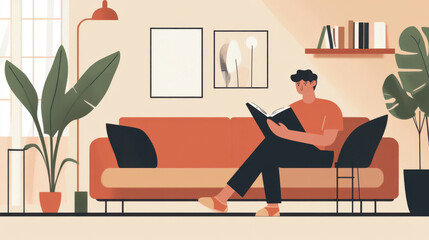 Flat illustration of a man on a sofa, reading a book, with vector graphics and a minimalist