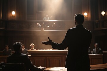 A gripping courtroom drama unfolds as a fervent accuser delivers their case with striking emotion and theatrical illumination.