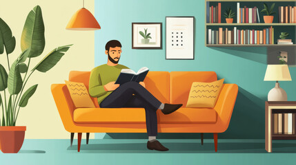 Flat vector graphic of a man on a sofa, reading a book, with a simple and modern living room