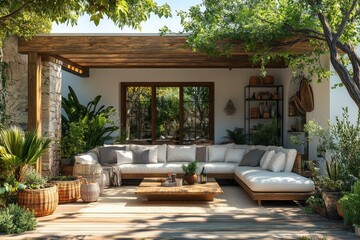 Modern white sofa surrounded by greenery in a biophilic architectural design
