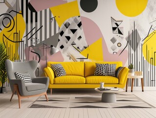 Playful Pop Art Living Room Interior with Geometric Patterns and Bold Furniture