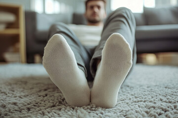 Man in stylish white socks indoors, close-up