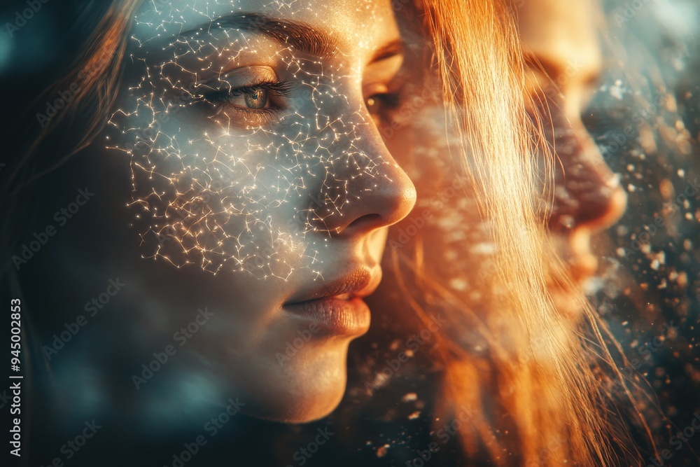 Poster a reflective portrait of a woman with a glowing neural network overlay symbolizing introspection sel