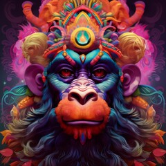A vibrant, artistic depiction of a monkey with ornate decorations and colorful patterns.