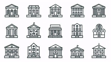 A collection of line icons representing various buildings and institutions in a city, including houses, offices, banks, schools, hotels, shops, universities, real estate, and hospitals.